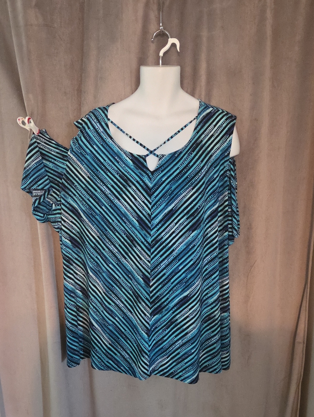 Catherines 5X Blue & Black Striped Cold-Shoulder Tunic with Crisscross Neckline
